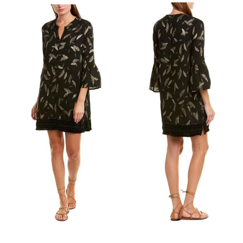 JOHNNY WAS Workshop Black Metallic Gold Feathers Embroidered Hem Mini Dress Sz L - Picture 16 of 16
